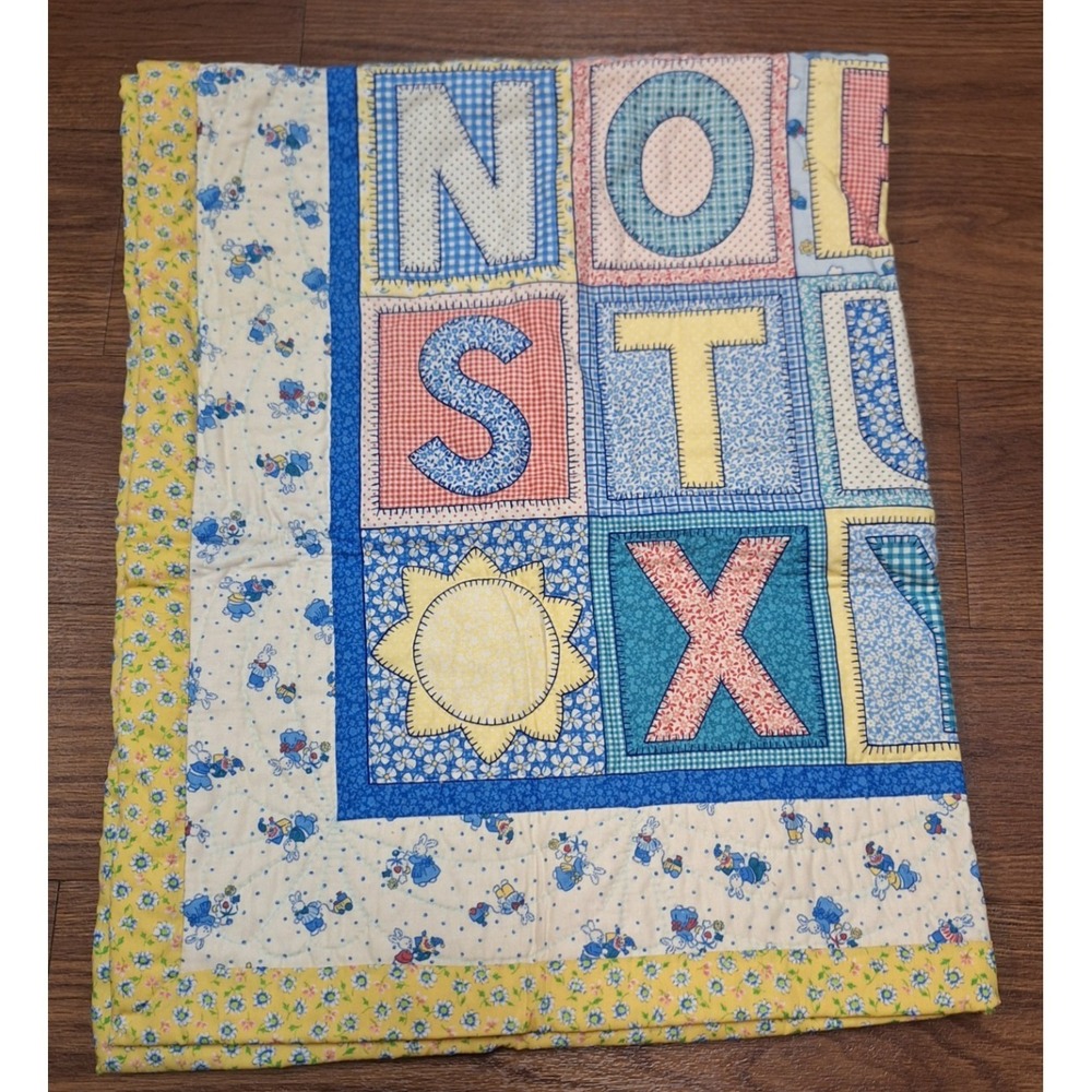 VTG 80s 90s ABC Alphabet Baby Blanket Quilt Patchwork‎ Style Yellow Bunnies - Picture 4 of 6